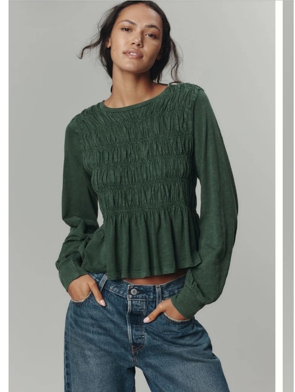 Pilcro Smocked Long-Sleeve Peplum Top